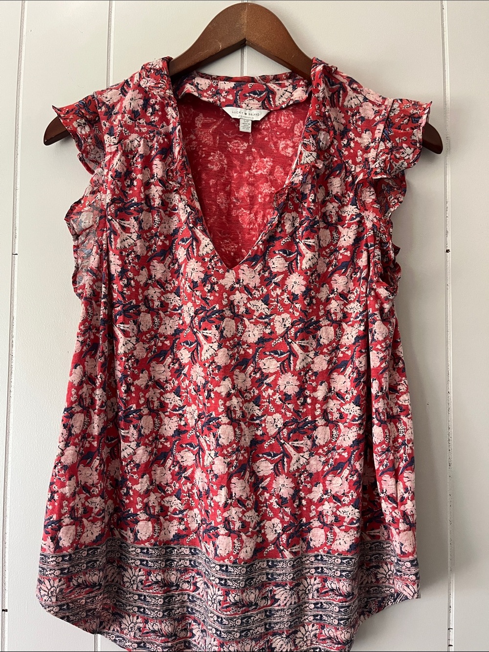LOFT Red Floral V-Neck Ruffle Sleeve Tank - Picture 2 of 9